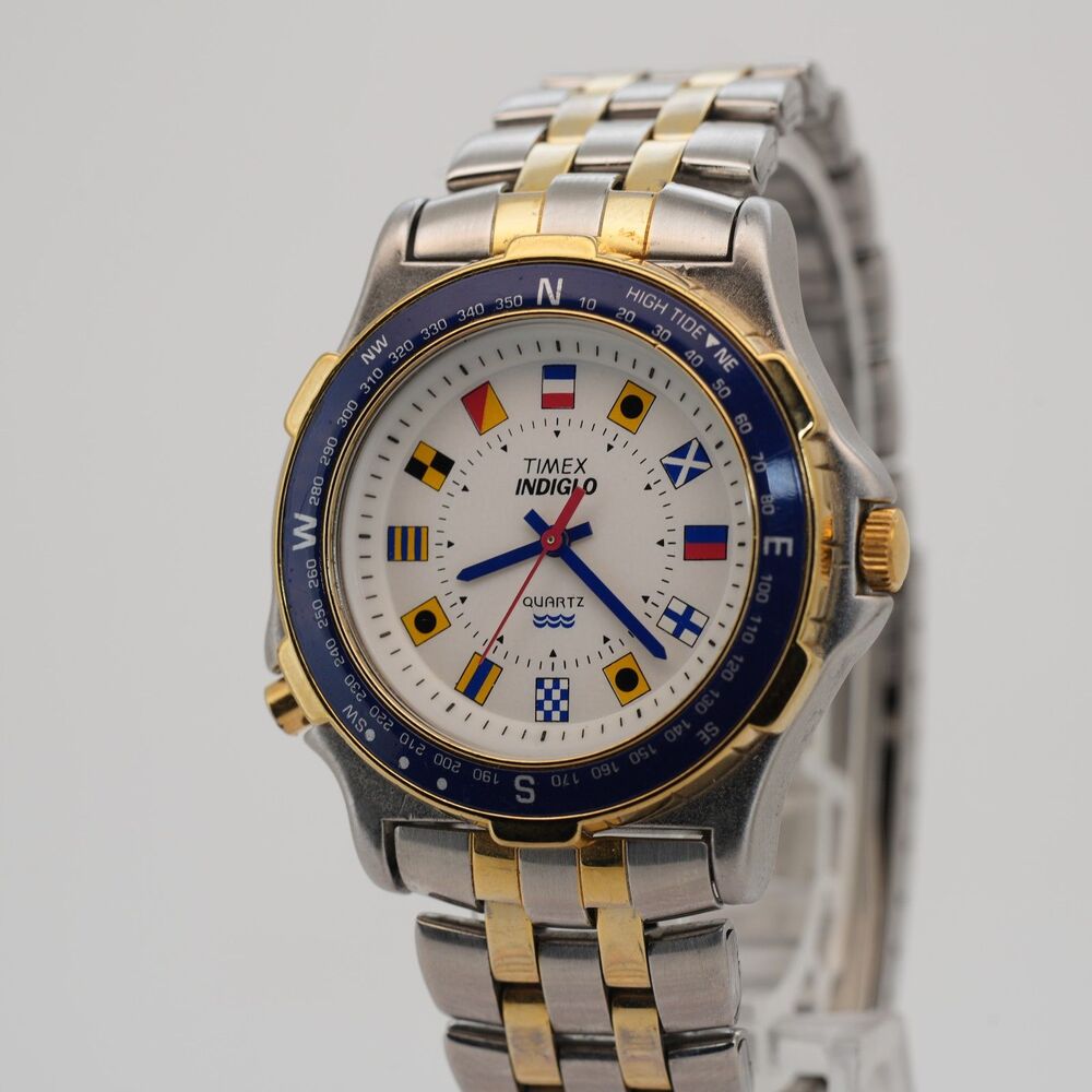 Vintage Timex Indiglo Nautical Flag Dial 37mm Two Tone Watch New Battery